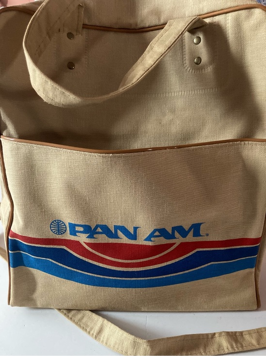 Vintage Pan Am Beige Canvas Travel Tote Bag with Blue & Red Logo